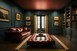 the library room has dark blue walls and a leather ottoman. AI-Generated photo