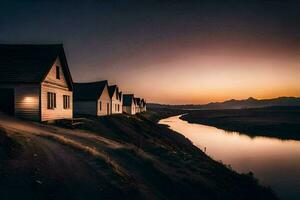 a row of houses along a river at sunset. AI-Generated photo