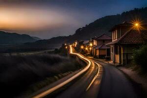 un largo exposición foto de un la carretera a puesta de sol. generado por ai