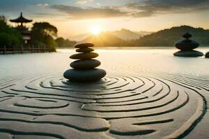 a stone labyrinth in the middle of a lake. AI-Generated photo