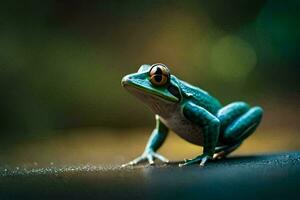 a frog is sitting on the ground with a dark background. AI-Generated photo