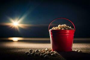 a red bucket filled with popcorn on the beach. AI-Generated photo