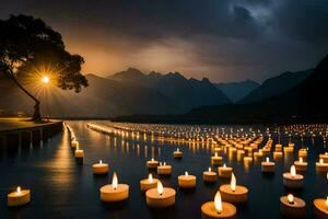 candles are floating in the water at sunset. AI-Generated photo