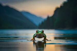 un rana es en pie en el borde de un lago a puesta de sol. generado por ai foto