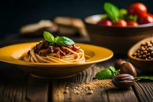 spaghetti with tomatoes and basil leaves on a wooden table. AI-Generated photo