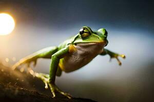 a frog jumping on a branch with a bright light behind it. AI-Generated photo