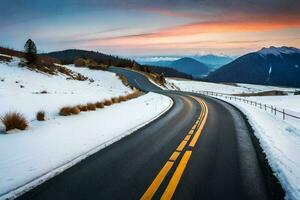 a road in the snow with a sunset. AI-Generated photo