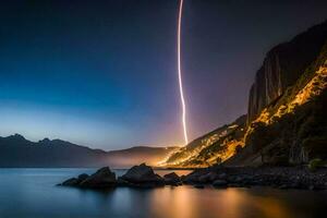 a rocket is seen in the sky as it streaks across the water. AI-Generated photo