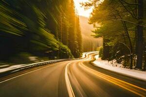a car driving down a snowy road in the winter. AI-Generated photo