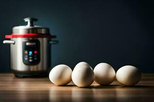 eggs on a table next to an instant pot. AI-Generated photo