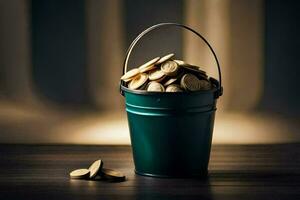 a bucket filled with coins on a table. AI-Generated photo