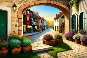 an archway leads to a street with flowers in pots. AI-Generated photo