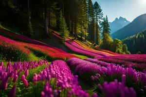 photo wallpaper flowers, mountains, flowers, flowers, flowers, flowers, flowers, flowers, flowers. AI-Generated