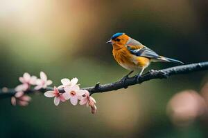 a bird sits on a branch with pink flowers. AI-Generated photo