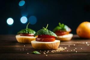 pequeño aperitivos con Tomates y albahaca en un de madera mesa. generado por ai foto