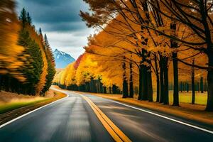 autumn trees on the road in the mountains. AI-Generated photo