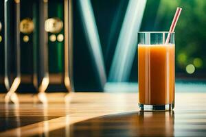 un vaso de naranja jugo sentado en un mesa. generado por ai foto