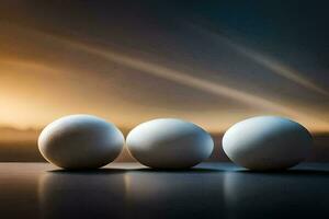 three eggs are shown in front of a sunset. AI-Generated photo