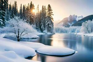 un Nevado río con arboles y nieve. generado por ai foto