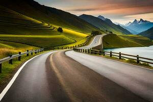 un devanado la carretera en el montañas. generado por ai foto