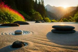 the sun is setting over a sandy beach with rocks and flowers. AI-Generated photo