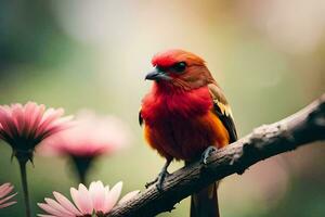 a red bird sits on a branch with pink flowers. AI-Generated photo