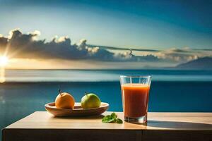 un vaso de jugo y Fruta en un mesa con el Oceano en el antecedentes. generado por ai foto