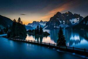 un lago y montañas a puesta de sol. generado por ai foto