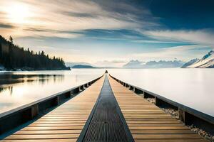 a long wooden pier stretches out into the water. AI-Generated photo