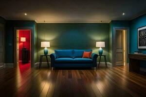 a living room with blue walls and wooden floors. AI-Generated photo