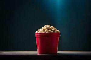 a red bucket filled with peanuts on a table. AI-Generated photo