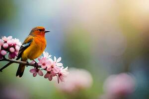 un pájaro es sentado en un rama con rosado flores generado por ai foto