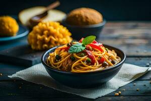 spaghetti with vegetables and meat in a bowl. AI-Generated photo