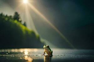 a frog sitting on the edge of a lake in the sun. AI-Generated photo