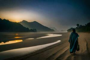 un hombre caminando a lo largo el playa a amanecer. generado por ai foto