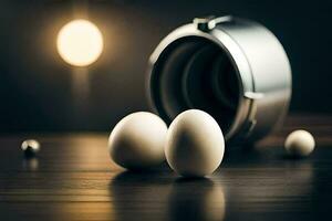 three eggs sit on a table next to a metal can. AI-Generated photo