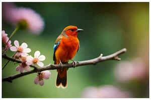 a colorful bird sits on a branch with pink flowers. AI-Generated photo