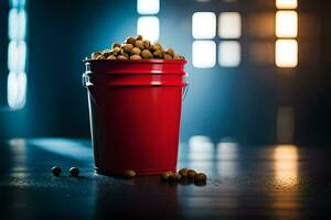 a red bucket filled with peanuts on a table. AI-Generated photo