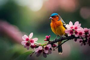 a colorful bird sits on a branch with pink flowers. AI-Generated photo