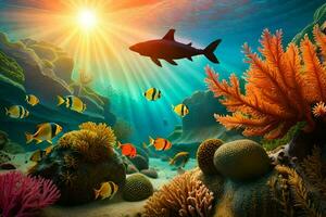 an underwater scene with coral reefs and fish. AI-Generated photo