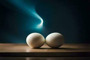 two eggs on a table with a blue light. AI-Generated photo