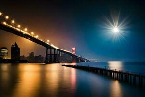 el dorado portón puente a noche. generado por ai foto