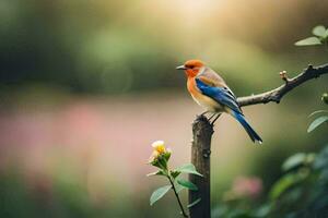 a blue and orange bird is sitting on a branch. AI-Generated photo