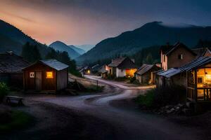 photo wallpaper the sky, mountains, road, village, light, the night, the mountains,. AI-Generated