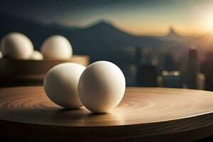 eggs on a table with a city in the background. AI-Generated photo