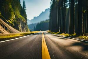 a road with trees and mountains in the background. AI-Generated photo
