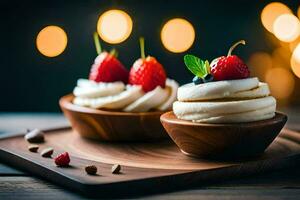 two desserts with strawberries and cream on a wooden table. AI-Generated photo