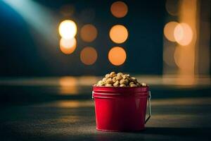 a red bucket filled with peanuts on a dark floor. AI-Generated photo