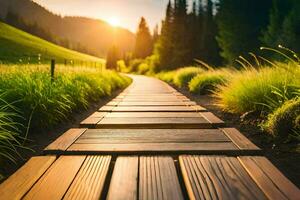 wooden path in the mountains at sunset. AI-Generated photo