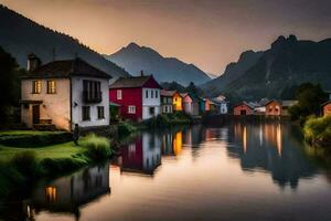 a river runs through a village at sunset. AI-Generated photo